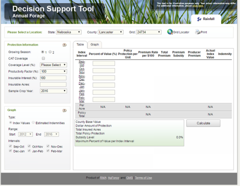 RMA牧草保险决策支持工具的屏幕截图