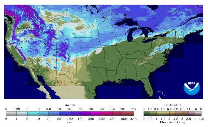 截至2016年2月3日的美国雪深地图