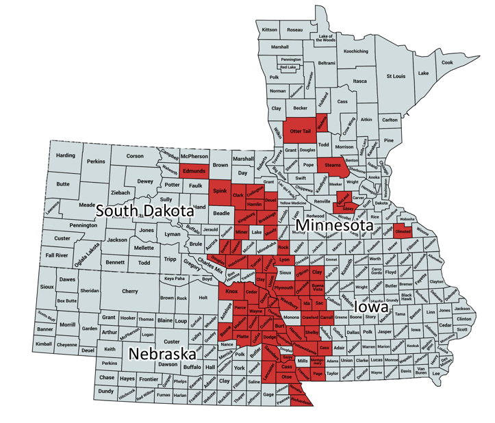 内布拉斯加州，南达科他州，爱荷华州和明尼苏达州的地图，大豆瘿蚊被确认。