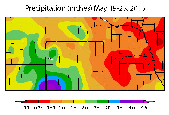 图2。截至15年5月26日7天降水记录。(资料来源:高平原区域气候中心)