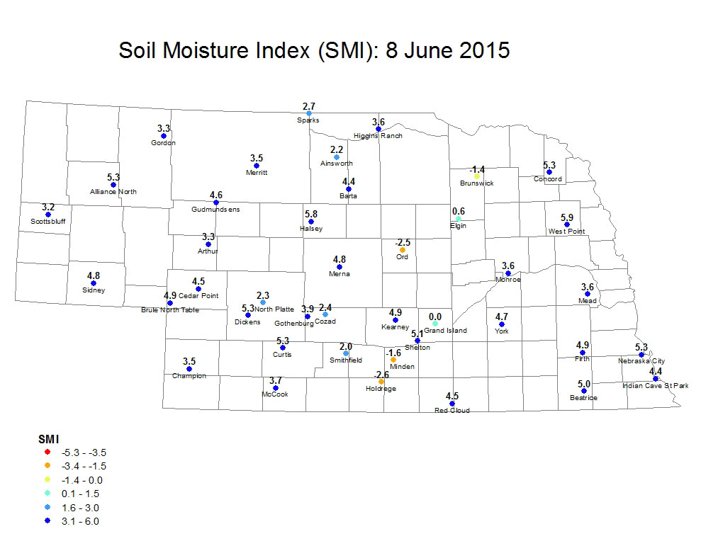 内布拉斯加州土壤湿度指数，2015年6月8日