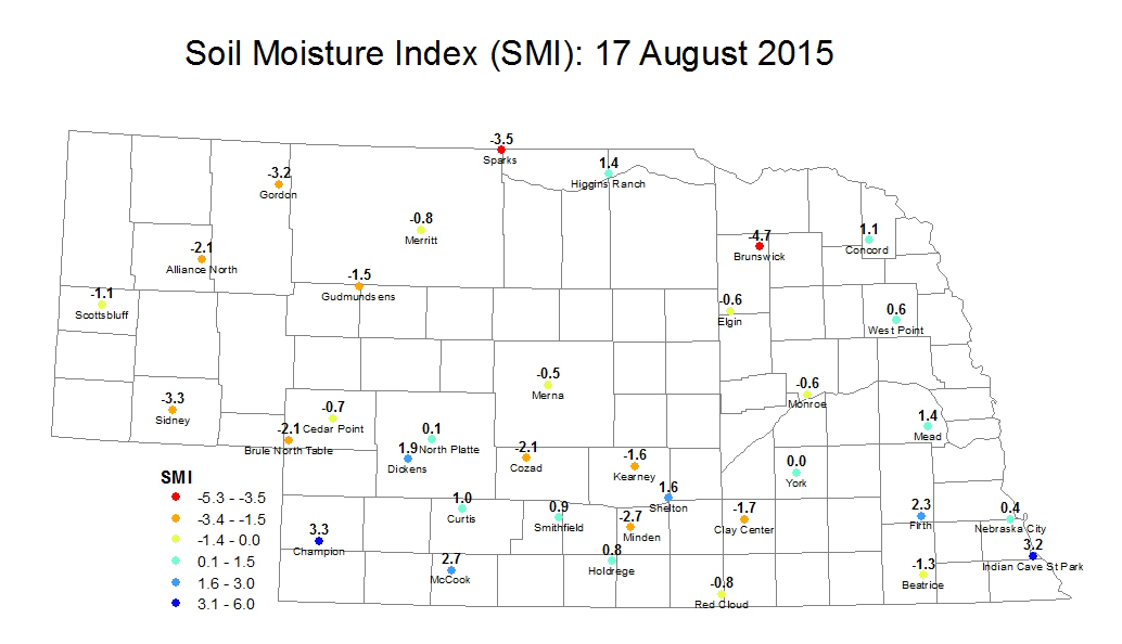 内布拉斯加州土壤湿度指数2015年8月10日