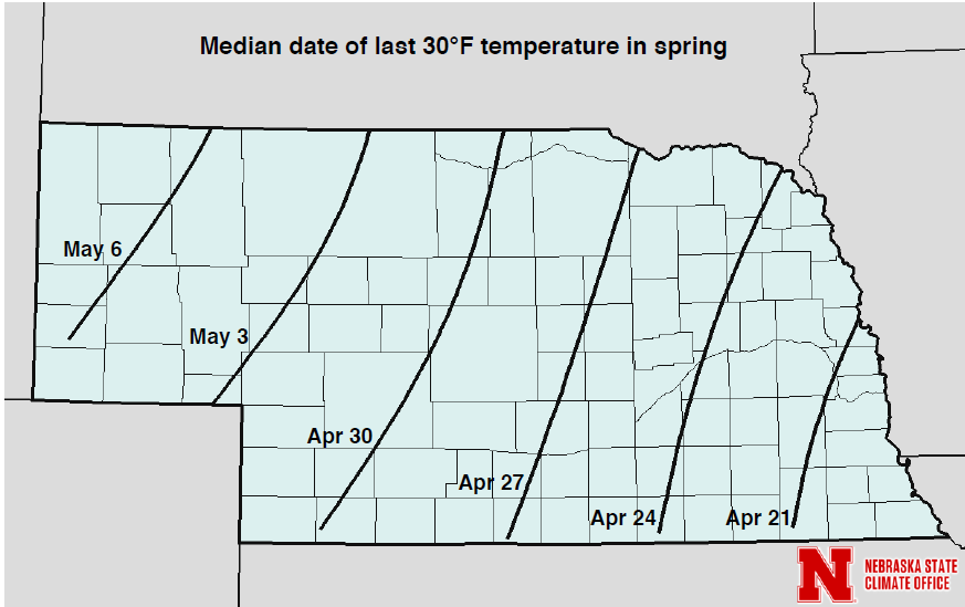 内布拉斯加州的地图显示了春季30华氏度冰冻的中值日期
