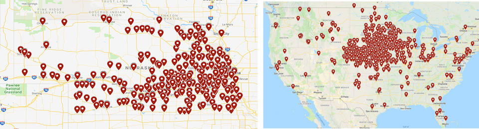 内布拉斯加州和美国地图，显示了《杂草，疾病和昆虫管理指南》的买家位置。