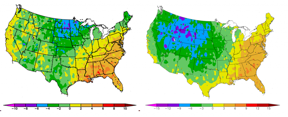 两幅美国地图，一幅显示2018年10月偏离正常温度，另一幅显示2019年10月偏离正常温度。