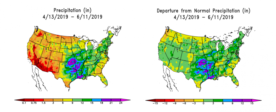 图1所示。(L) 4月13日至6月11日累计降水。(右)2019年4月13日至6月11日期间偏离正常降水(英寸)。(资料来源:高原区域气候中心)