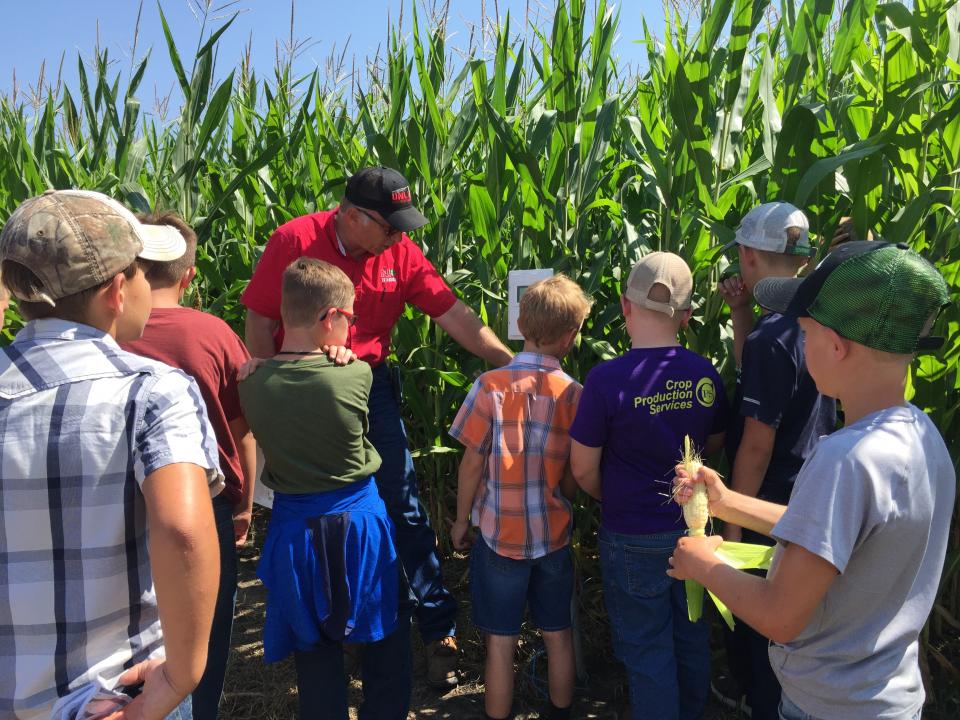 图1.推广教育家Chuck Burr向年轻人演示作物水分传感器如何在玉米田中工作。