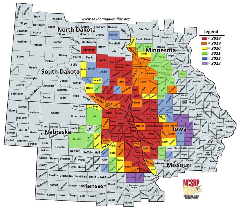大豆瘿蚊侵扰的位置的地图Midwest