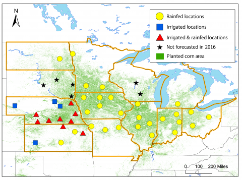 Map of sites for corn yield forecasts for 2016