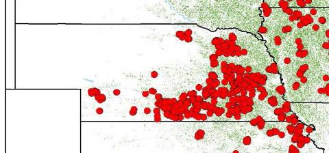 Map showing sites of Nebraska soybean fields in study of yield-limiting production factors
