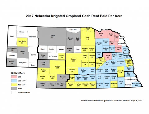 内布拉斯加州灌溉农田现金租赁率的地图