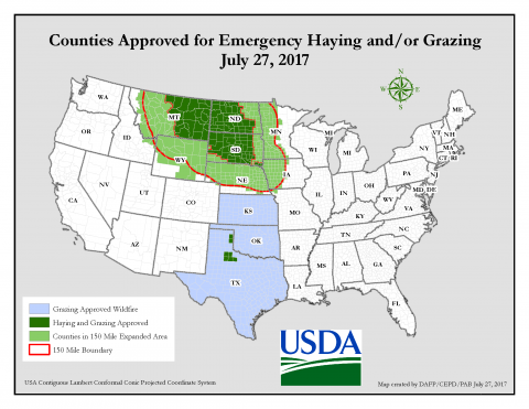 USDA由USDA批准的县的县地图用于紧急吊带或放牧