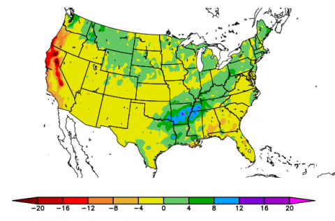 美国地图显示冬季降水偏离正常