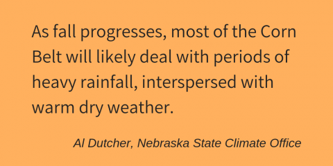 引用作者阿尔·达彻的话:“随着秋天的临近，玉米带的大部分地区可能会遭遇强降雨，并伴有温暖干燥的天气。”