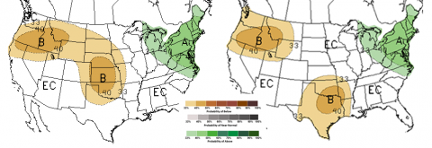 图1和图2。对比2018年6 - 8月2月(左)和3月15日的降水前景。A表示高于正常机会，N表示正常变化，B表示低于正常机会，EC表示键中提供的降水百分比的相同机会。（资料来源：NOAA气候预测中心）