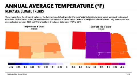 内布拉斯加州地图显示年平均气温的趋势，由内布拉斯加州地区划分