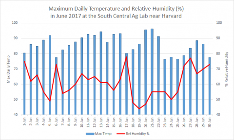 Maximum daily temperature and humdity recorded at Harvard in June 2017