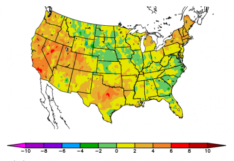 US map indicating departure from normal temperatures for July 2018.