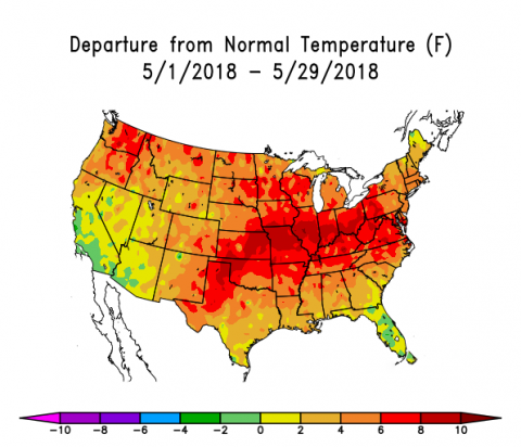 美国地图显示5月份正常温度的偏离