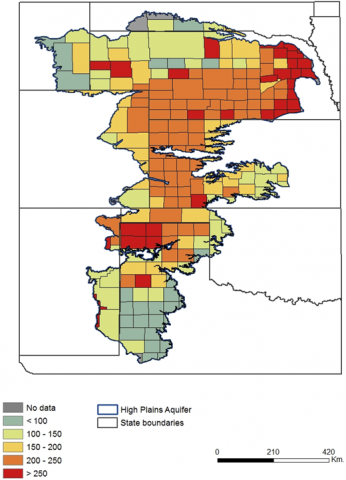 显示2007年每英亩灌溉用水农业价值($/ac)的多州县地图。