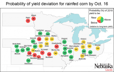 地图表明玉米皮带中选择地点的平均玉米产量的季节偏差