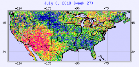 Map of vegetative health index in the Corn Belt  for July 8, 2018