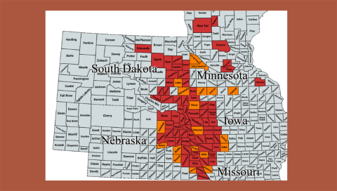 Five-state map showing counties with confirmed infestations of soybean gall midge