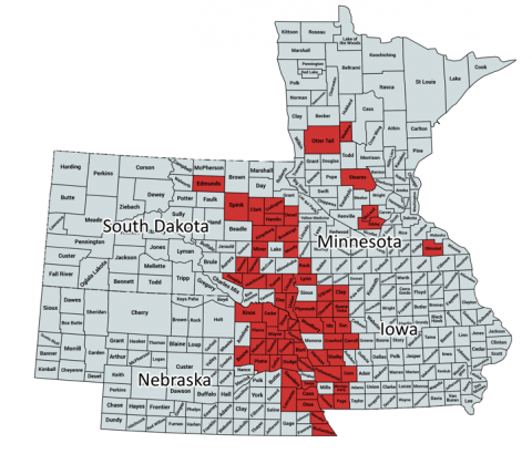 Map showing distribution of soybean gall midge