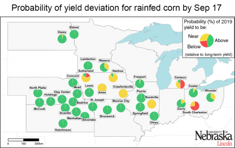 地图显示了内布拉斯加州和堪萨斯州雨养作物偏离正常产量的概率