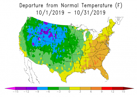美国地图显示2019年10月的偏离正常温度。