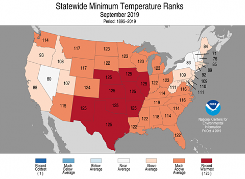 美国地图显示9月温度如何排名。